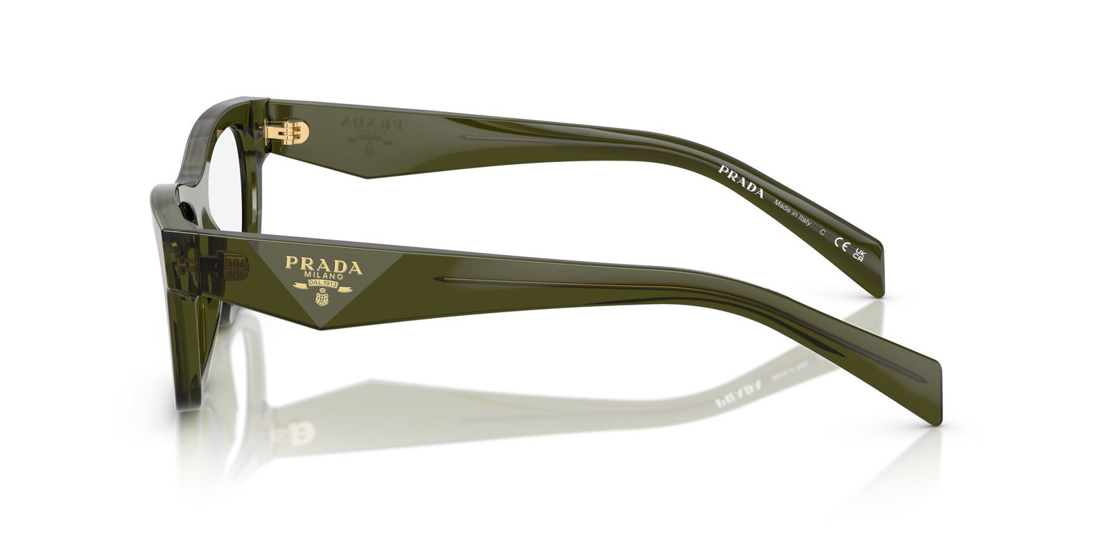 Das Bild zeigt die Bügel die Prada Brille B01V in Transparent bottle.